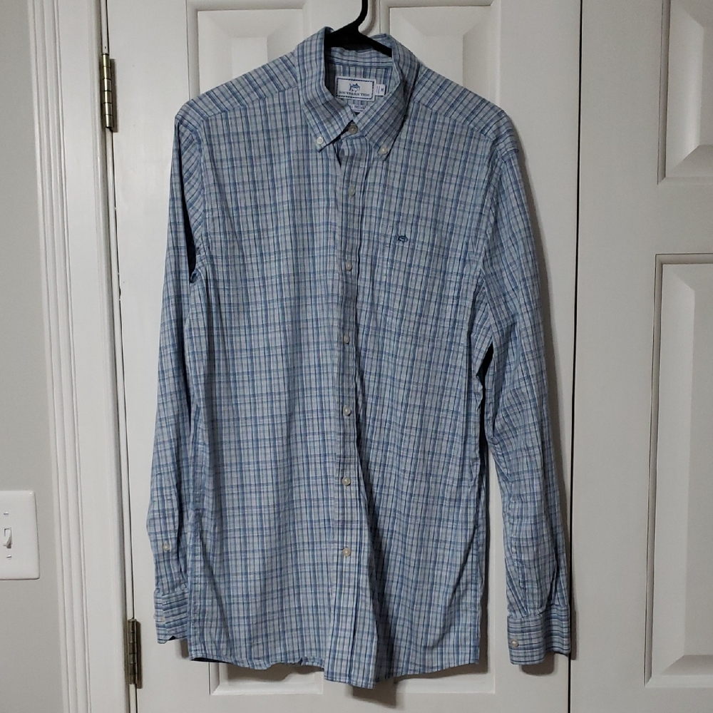 Southern Tide Coastal Passage Blue Plaid Shirt Medium